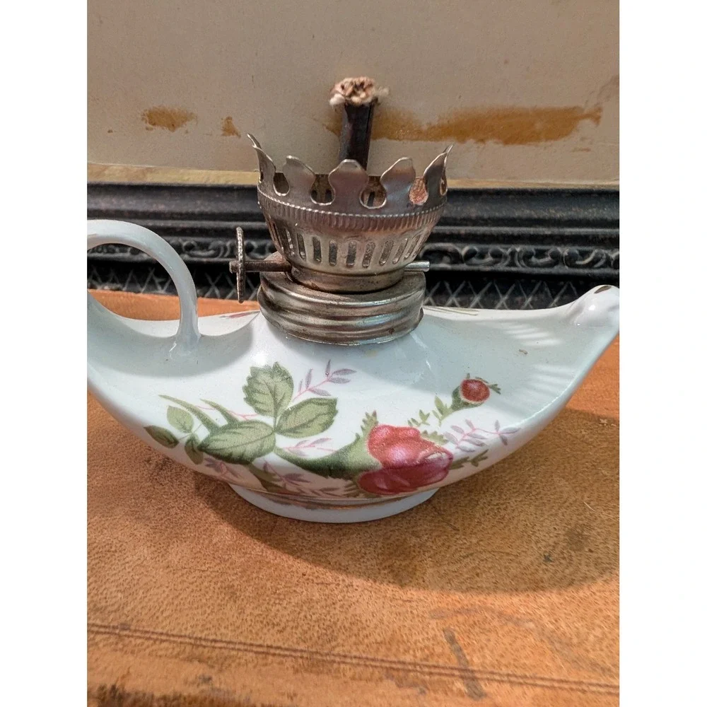 Vintage Porcelain Floral Oil Lamp with Ephemera 3x5